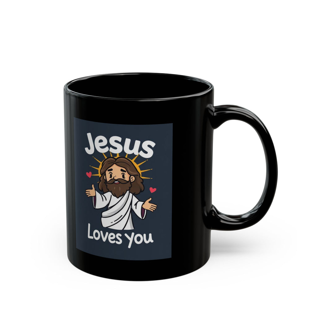 Jesus Loves You Mug — Black Ceramic Faith Coffee Cup (11oz, 15oz)