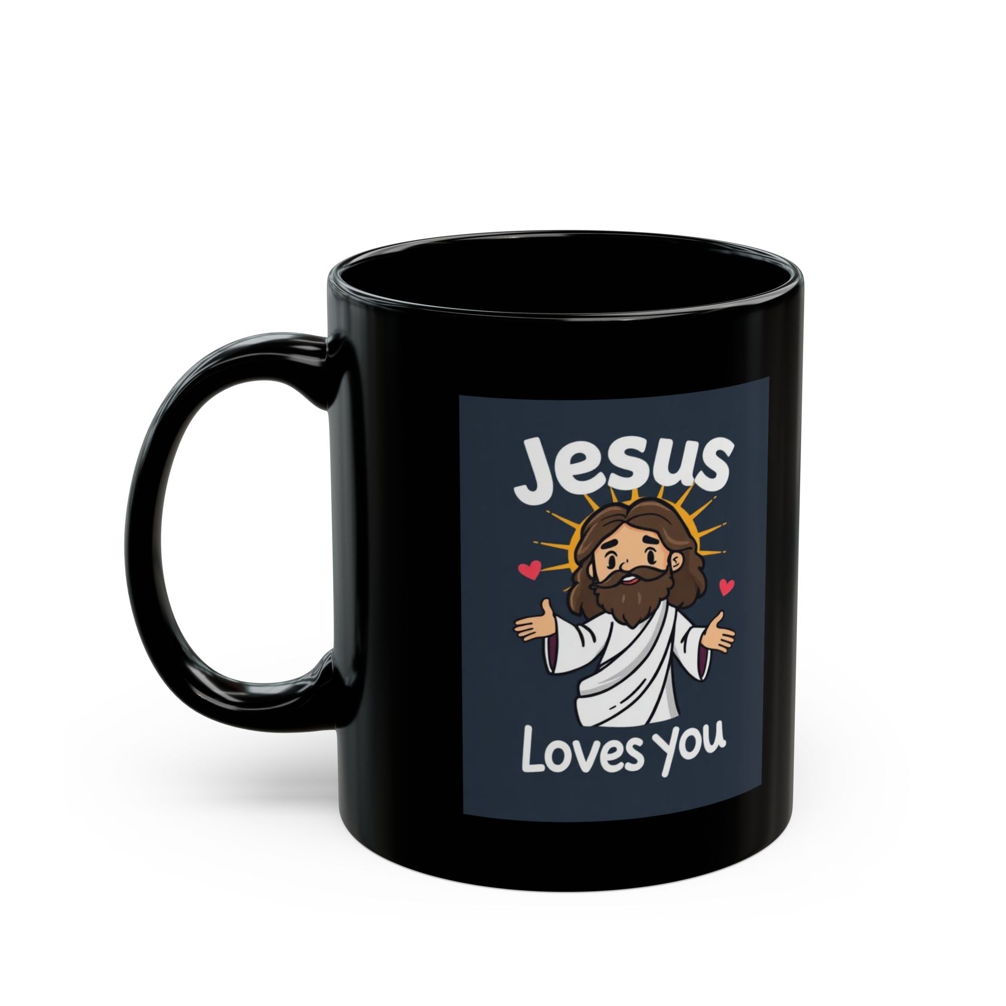 Jesus Loves You Mug — Black Ceramic Faith Coffee Cup (11oz, 15oz)